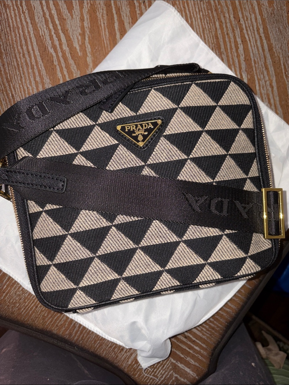 Prada Black and Beige Geometric Jacquard Crossbody